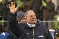 SEATTLE - DECEMBER 21: Head coach Mike Holmgrem of the Seattle Seahawks waves to fans after his final home game as head coach against the New York Jets on December 21, 2008 at Qwest Field in Seattle, Washington. The Seahawks defeated the Jets 13-3. (Photo by Otto Greule Jr/Getty Images)