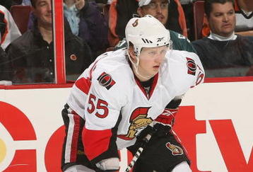 PHILADELPHIA - NOVEMBER 12: Brian Lee #55 of the Ottawa Senators skates against the Philadelphia Flyers at the Wachovia Center on November 12, 2009 in Philadelphia, Pennsylvania.  (Photo by Nick Laham/Getty Images)