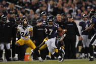 BALTIMORE - NOVEMBER 29:  Ray Rice #27 of the Baltimore Ravens runs the ball against the Pittsburgh Steelers at M&T Bank Stadium on November 29, 2009 in Baltimore, Maryland.  (Photo by Larry French/Getty Images)
