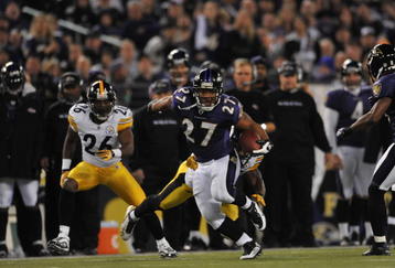 BALTIMORE - NOVEMBER 29:  Ray Rice #27 of the Baltimore Ravens runs the ball against the Pittsburgh Steelers at M&T Bank Stadium on November 29, 2009 in Baltimore, Maryland.  (Photo by Larry French/Getty Images)