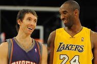 LOS ANGELES, CA - DECEMBER 10:  Steve Nash #13 of the Phoenix Suns laughs with Kobe Bryant #24 of the Los Angeles Lakers during the second half at the Staples Center on December, 10 2008 in Los Angeles, California.   NOTE TO USER: User expressly acknowledges and agrees that, by downloading and/or using this Photograph, user is consenting to the terms and conditions of the Getty Images License Agreement.  (Photo by Harry How/Getty Images)