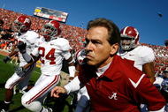 AUBURN, AL - NOVEMBER 27: Head coach Nick Saban of the Alabama Crimson Tide leads his team onto the field to face the Auburn Tigers at Jordan-Hare Stadium on November 27, 2009 in Auburn, Alabama. (Photo by Kevin C. Cox/Getty Images)