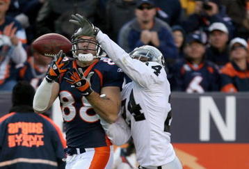 DENVER - NOVEMBER 23:  Tight end Tony Scheffler #88 of the Denver Broncos is unable to make a reception as Michael Huff #24 of the Oakland Raiders defends during week 12 NFL action at Invesco Field at Mile High on November 23, 2008 in Denver, Colorado. The Raiders defeated the Broncos 31-10.  (Photo by Doug Pensinger/Getty Images)