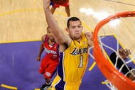 LOS ANGELES, CA - OCTOBER 27:  Jordan Farmar #1 of the Los Angeles Lakers goes to the basket against the Los Angeles Clippers during the season opening game at Staples Center on October 27, 2009 in Los Angeles, California.  NOTE TO USER: User expressly acknowledges and agrees that, by downloading and or using this photograph, User is consenting to the terms and conditions of the Getty Images License Agreement. Mandatory Copyright Notice: Copyright 2009 NBAE  (Photo by Kevork Djansezian/Getty Images)