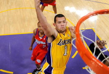 LOS ANGELES, CA - OCTOBER 27:  Jordan Farmar #1 of the Los Angeles Lakers goes to the basket against the Los Angeles Clippers during the season opening game at Staples Center on October 27, 2009 in Los Angeles, California.  NOTE TO USER: User expressly acknowledges and agrees that, by downloading and or using this photograph, User is consenting to the terms and conditions of the Getty Images License Agreement. Mandatory Copyright Notice: Copyright 2009 NBAE  (Photo by Kevork Djansezian/Getty Images)