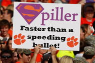 CLEMSON, SC - NOVEMBER 21: A fan holds a sign for senior C.J. Spiller of the Clemson Tigers in his final home game against the Virginia Cavaliers during their game at Memorial Stadium on November 21, 2009 in Clemson, South Carolina. (Photo by Streeter Lecka/Getty Images)