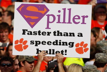 CLEMSON, SC - NOVEMBER 21:  A fan holds a sign for senior C.J. Spiller of the Clemson Tigers in his final home game against the Virginia Cavaliers during their game at Memorial Stadium on November 21, 2009 in Clemson, South Carolina.  (Photo by Streeter Lecka/Getty Images)