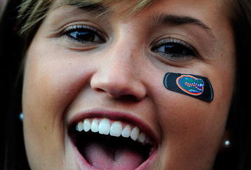 GAINESVILLE, FL - NOVEMBER 28:  A fan shows support for the Florida Gators during the game against the Florida State Seminoles at Ben Hill Griffin Stadium on November 28, 2009 in Gainesville, Florida.  (Photo by Sam Greenwood/Getty Images)
