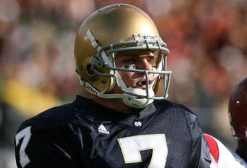 SOUTH BEND, IN - OCTOBER 17: Jimmy Clausen #7 of the Notre Dame Fighting Irish walks off of the field during a game against the USC Trojans at Notre Dame Stadium on October 17, 2009 in South Bend, Indiana. USC defeated Notre Dame 34-27. (Photo by Jonathan Daniel/Getty Images)