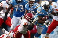 SAN DIEGO, CA - NOVEMBER 29:  Fullback Mike Tolbert #35 of the San Diego Chargers runs for a gain against the Kansas City Chiefs during the NFL game on November 29, 2009 at Qualcomm Stadium in San Diego, California.  (Photo by Donald Miralle/Getty Images)