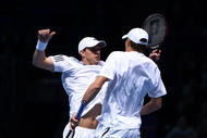 LONDON, ENGLAND - NOVEMBER 28: Bob Bryan of USA celebrates with Mike Bryan of USA after they won the men's semi final match against Mahesh Bhupathi of India and Mark Knowles of The Bahamas during the Barclays ATP World Tour Finals at the O2 Arena on November 28, 2009 in London, England.  (Photo by Julian Finney/Getty Images)