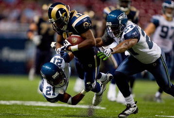 ST. LOUIS - NOVEMBER 29:  Donnie Avery #17 of the St. Louis Rams is tackled by Kelly Jennings #21 and Jordan Babineaux #27 both of the Seattle Seahawks at the Edward Jones Dome on November 29, 2009 in St. Louis, Missouri.  (Photo by Dilip Vishwanat/Getty Images)