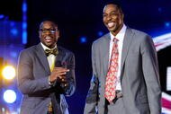 PHOENIX - FEBRUARY 13: Assistant coach Dwyane Wade of the Rookie team and assistant coach Dwight Howard of the Sophomore team share a laugh before the T-Mobile Rookie Challenge & Youth Jam part of 2009 NBA All-Star Weekend at US Airways Center on February 13, 2009 in Phoenix, Arizona. NOTE TO USER: User expressly acknowledges and agrees that, by downloading and or using this photograph, User is consenting to the terms and conditions of the Getty Images License Agreement. (Photo by Kevork Djansezian/Getty Images)