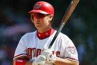 WASHINGTON - APRIL 17:  Brad Wilkerson #7 of the Washington Nationals bats against the Arizona Diamondbacks during the game on April 17, 2005 at RFK Stadium in Washington, DC.   The Nationals defeated the Diamondbacks 7-3.  (Photo By Jamie Squire/Getty Images)