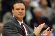 SAN ANTONIO - APRIL 05:  Head coach Bill Self of the Kansas Jayhawks reacts to a play against the North Carolina Tar Heels in the first half during the National Semifinal game of the NCAA Men's Final Four at the Alamodome on April 5, 2008 in San Antonio, Texas.  (Photo by Streeter Lecka/Getty Images)