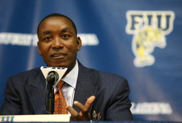MIAMI - APRIL 15:  Isiah Thomas talks to the media after he was introduced as the new head coach for Florida International Univeristy men's basketball team at U.S.Century Bank Arena on April 15, 2009 in Miami, Florida.  (Photo by Doug Benc/Getty Images)