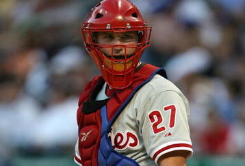 ARLINGTON, TX - JUNE 27:  Catcher Chris Coste #27 of the Philadelphia Phillies during Interleague MLB action on June 27, 2008 at Rangers Ballpark in Arlington, Texas.  (Photo by Ronald Martinez/Getty Images)