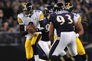 BALTIMORE - NOVEMBER 29:  Dennis Dixon #2 of the Pittsburgh Steelers begins his touchdown run in the fourth quarter against the  Baltimore Ravens at M&T Bank Stadium on November 29, 2009 in Baltimore, Maryland. The Ravens defeated the Steelers 20-17. (Photo by Larry French/Getty Images)