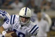 JACKSONVILLE, FL - OCTOBER 22:  Quarterback Peyton Manning #18 of the Indianapolis Colts falls to a sack by the Jacksonville Jaguars at the Jacksonville Municipal Stadium on October 22, 2007 in Jacksonville, Florida. The Colts defeated the Jags 29-7.  (Photo by Al Messerschmidt/Getty Images)