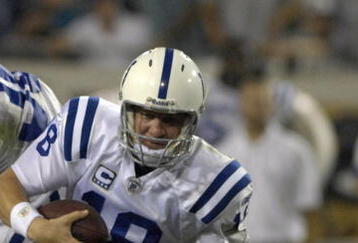 JACKSONVILLE, FL - OCTOBER 22:  Quarterback Peyton Manning #18 of the Indianapolis Colts falls to a sack by the Jacksonville Jaguars at the Jacksonville Municipal Stadium on October 22, 2007 in Jacksonville, Florida. The Colts defeated the Jags 29-7.  (Photo by Al Messerschmidt/Getty Images)
