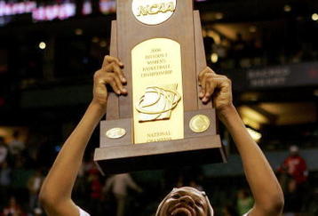 BOSTON - APRIL 04:  Laura Harper #15 of the Maryland Terrapins celebrates their 78-75 overtime victory over the Duke Blue Devils in the 2006 NCAA Women's Basketball Championship Game on April 4, 2006 at the TD Banknorth Garden in Boston, Massachusetts.  (Photo by Jim McIsaac/Getty Images)