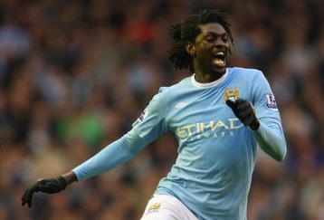 LIVERPOOL, ENGLAND - NOVEMBER 21:  Emmanuel Adebayor of Manchester City in action during the Barclays Premier League match between Liverpool and Manchester City at Anfield on November 21, 2009 in Liverpool, England.  (Photo by Mark Thompson/Getty Images)