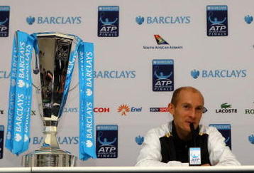 LONDON, ENGLAND - NOVEMBER 29:  Nikolay Davydenko of Russia attends a press conference after he won the men's singles final match against Juan Martin Del Potro of Argentina during the Barclays ATP World Tour Finals at the O2 Arena on November 29, 2009 in London, England.  (Photo by Julian Finney/Getty Images)