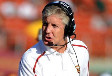 LOS ANGELES, CA - NOVEMBER 14:  Head Coach Pete Carroll of the USC Trojans questions a non-fumble call in the game against the Stanford Cardinal during the second half at the Los Angeles Memorial Coliseum on November 14, 2009 in Los Angeles, California.  Stanford won 55-21.  (Photo by Harry How/Getty Images)