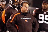 CLEVELAND - NOVEMBER 16:  Eric Mangini head coach of the Cleveland Browns watches his team against the Baltimore Ravens at Cleveland Browns Stadium on November 16, 2009 in Cleveland, Ohio.  (Photo by Matt Sullivan/Getty Images)