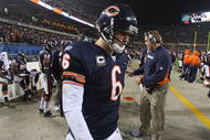 CHICAGO - NOVEMBER 22: Jay Cutler #6 of the Chicago Bears prepares to enter the field for the last offensive series for the Bears against the Philadelphia Eagles at Soldier Field on November 22, 2009 in Chicago, Illinois. The Eagles defeated the Bears 24-20. (Photo by Jonathan Daniel/Getty Images)