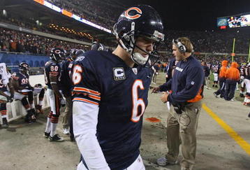 CHICAGO - NOVEMBER 22: Jay Cutler #6 of the Chicago Bears prepares to enter the field for the last offensive series for the Bears against the Philadelphia Eagles at Soldier Field on November 22, 2009 in Chicago, Illinois. The Eagles defeated the Bears 24-20. (Photo by Jonathan Daniel/Getty Images)