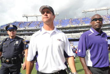 BALTIMORE - SEPTEMBER 27:  Head coach John Harbaugh of the Baltimore Ravens walks off the field after the game against the Cleveland Browns at M&T Bank Stadium on September 27, 2009 in Baltimore, Maryland. The Ravens defeated the Browns 34-3. (Photo by Larry French/Getty Images)