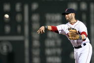 BOSTON - JULY 07:  Dustin Pedroia #15 of the Boston Red Sox sends the ball to first on a hit from Adam Kennedy of the Oakland Athletics on July 7, 2009 at Fenway Park in Boston, Massachusetts.  (Photo by Elsa/Getty Images)