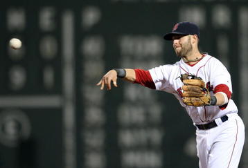 BOSTON - JULY 07:  Dustin Pedroia #15 of the Boston Red Sox sends the ball to first on a hit from Adam Kennedy of the Oakland Athletics on July 7, 2009 at Fenway Park in Boston, Massachusetts.  (Photo by Elsa/Getty Images)