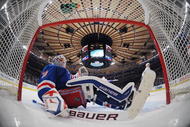 NEW YORK - NOVEMBER 30: Henrik Lundqvist #30 of the New York Rangers hits the ice during play against the Pittsburgh Penguins at Madison Square Garden on November 30, 2009 in New York City. The Penguins defeated the Rangers 5-2. (Photo by Bruce Bennett/Getty Images)