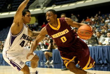 ANAHEIM, CA - NOVEMBER 27: Al Nolen #0 of the Minnesota Gophers drives against T.J. Campbell  #44 of the Portland Pilots at the 76 Classic at Anaheim Convention Center on November 27, 2009 in Anaheim, California. (Photo by Stephen Dunn/Getty Images)