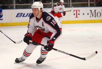 NEW YORK - NOVEMBER 23:  R.J. Umberger #18 of the Columbus Blue Jackets skates against the New York Rangers at Madison Square Garden on November 23, 2009 in New York, New York. The Rangers defeated the Blue Jackets 7-4.  (Photo by Bruce Bennett/Getty Images)