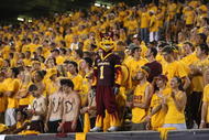 TEMPE, AZ - SEPTEMBER 20:  Arizona State Sun Devils mascot Sparky stands with the student section during hte game with  the Georgia Bulldogs  on September 20, 2008 at Sun Devil Stadium in Tempe, Arizona.  Georgia won 27-10.  (Photo by Stephen Dunn/Getty Images)