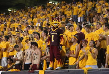 TEMPE, AZ - SEPTEMBER 20:  Arizona State Sun Devils mascot Sparky stands with the student section during hte game with  the Georgia Bulldogs  on September 20, 2008 at Sun Devil Stadium in Tempe, Arizona.  Georgia won 27-10.  (Photo by Stephen Dunn/Getty Images)