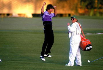 12 Apr 1987:  Larry Mize of the USA celebrates chipping in on the second play-off hole number 11 to win the masters during the US Masters 1987 held at the Augusta National Golf Club, Georgia.  \ Mandatory Credit: David Cannon /Allsport