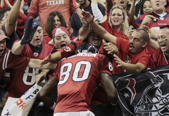 HOUSTON - NOVEMBER 23:  Wide receiver Andre Johnson #80 of the Houston Texans jumps into the crowd after scoring a touchdown in the second quarter against the Tennessee Titans at Reliant Stadium on November 23, 2009 in Houston, Texas.  (Photo by Bob Levey/Getty Images)