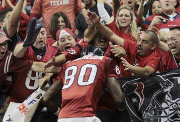 HOUSTON - NOVEMBER 23:  Wide receiver Andre Johnson #80 of the Houston Texans jumps into the crowd after scoring a touchdown in the second quarter against the Tennessee Titans at Reliant Stadium on November 23, 2009 in Houston, Texas.  (Photo by Bob Levey/Getty Images)