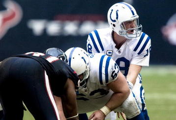 HOUSTON - NOVEMBER 29:  Quarterback Peyton Manning #18 of the Indianapolis Colts calls out the play from the line of scrimmage against the Houston Texans at Reliant Stadium on November 29, 2009 in Houston, Texas.  (Photo by Bob Levey/Getty Images)