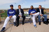 GLENDALE, AZ - MARCH 05:  Manny Ramirez #99 (2R) of the Los Angeles Dodgers manager Joe Torre #6 (L) general manager Ned Colletti and Ramirez's agent Scott Boras looks on during a news conference on March 5, 2009, at Camelback Ranch in Glendale, Arizona, after he re-signed with the Dodgers.  (Photo by Kevork Djansezian/Getty Images)