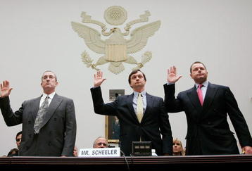 WASHINGTON - FEBRUARY 13:  Major League Baseball pitcher Roger Clemens (R), Charlie Scheeler, investigator on former Sen. George Mitchell's staff (C) and and former Major League Baseball strength and conditioning coach Brian McNamee (L) raise their right hands as they are sworn in to testify about allegations of steroid use by professional ball palyers before the U.S. House Oversight and Government Reform Committee on Capitol Hill Feburary 13, 2008 in Washington, DC. The 'Mitchell Report' named several former and current major league baseball players, including Clemens, who are accused of using steriods or other performance-enhancing drugs.  (Photo by Chuck Kennedy-Pool/Getty Images)