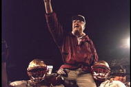 1 Jan 1996: Head coach Bobby Bowden of the Florida State Seminoles is carried triumphantly off the field by nose guard Andre Wadsworth #8 and tackle Orpheus Roy after defeating the Notre Dame Fighting Irish in the Orange Bowl in Miami, Florida 31-26. Ma