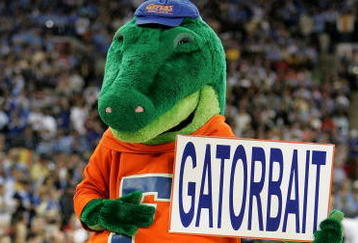 INDIANAPOLIS - APRIL 03:  The Florida Gators mascot holds up a sign saying 'Gatorbait' against the UCLA Bruins during the National Championship game of the NCAA Men's Final Four on April 3, 2006 at the RCA Dome in Indianapolis, Indiana. The Gators defeated the Bruins 73-57 to become national champions. The Gators defeated the Bruins 73-57 to become national champions. (Photo by Andy Lyons/Getty Images)