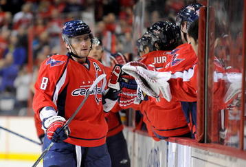 WASHINGTON - NOVEMBER 25:  Alex Ovechkin #8 of the Washington Capitals celebrates with teammates after scoring in the first period against the Buffalo Sabres at the Verizon Center on November 25, 2009 in Washington, DC.  (Photo by Greg Fiume/Getty Images)