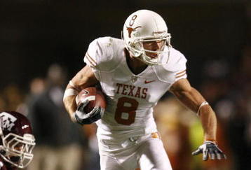 COLLEGE STATION, TX - NOVEMBER 26: Wide receiver Jordan Shipley #8 of the Texas Longhorns runs for a gain after making a reception against the Texas A&M Aggies in the first half at Kyle Field on November 26, 2009 in College Station, Texas. The Longhorns defeated the Aggies 49-39. (Photo by Aaron M. Sprecher/Getty Images)