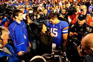 GAINESVILLE, FL - NOVEMBER 28:  Tim Tebow #15 of the Florida Gators speaks to the media following the game against the Florida State Seminoles at Ben Hill Griffin Stadium on November 28, 2009 in Gainesville, Florida.  (Photo by Sam Greenwood/Getty Images)